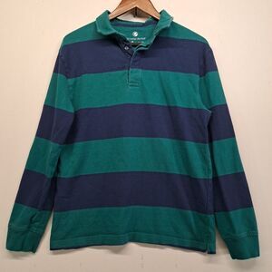 Southern Proper Mens Medium Navy Green Striped 100% Cotton Rugby Polo Shirt